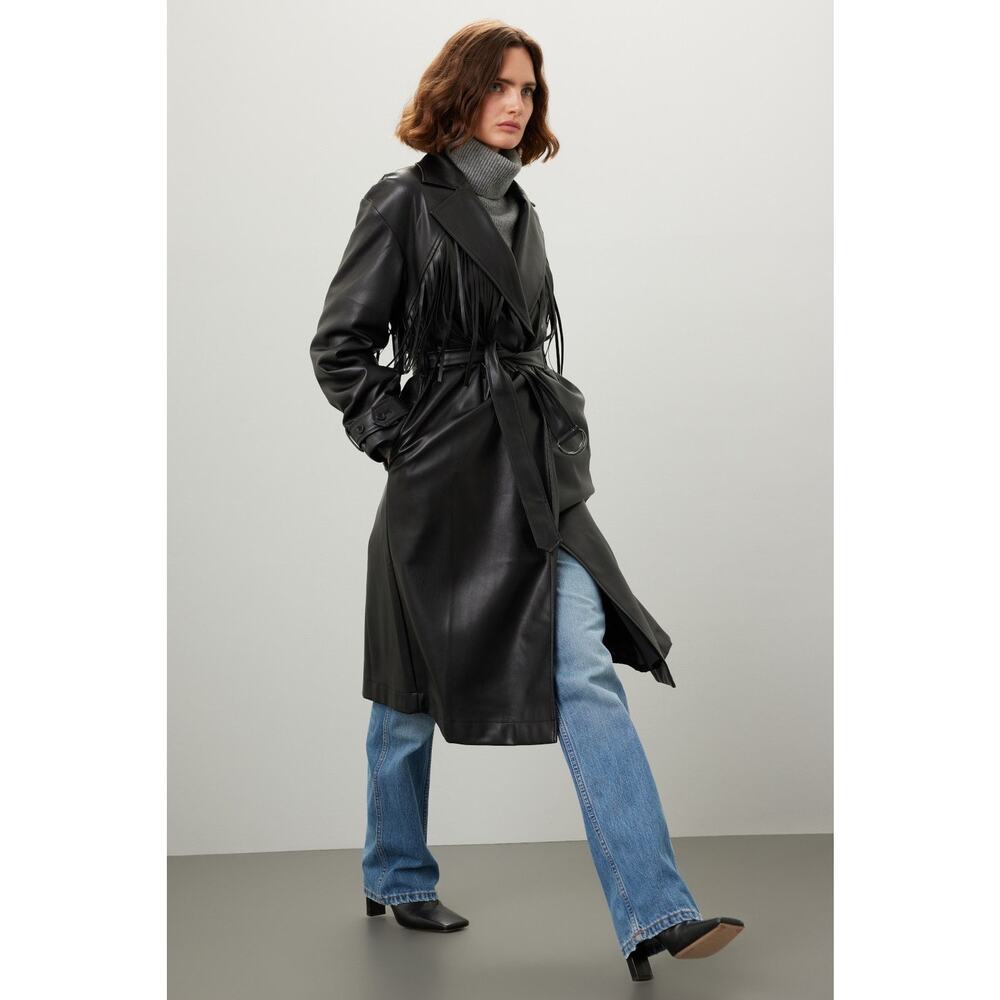 Jason Wu Black Vegan Faux Leather Fringed Tie Waist Long Trench Coat Size XL - Picture 3 of 16